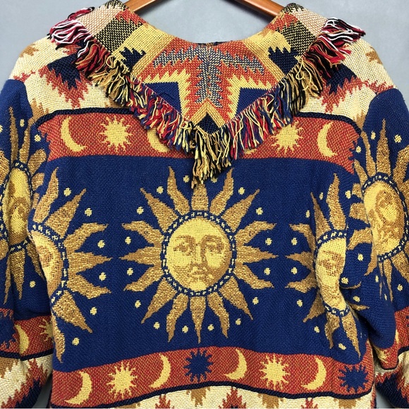 VTG Celestial Tapestry Jacket Blue Orange Sun Face Stars Moon Fringe Aztec - Picture 8 of 9